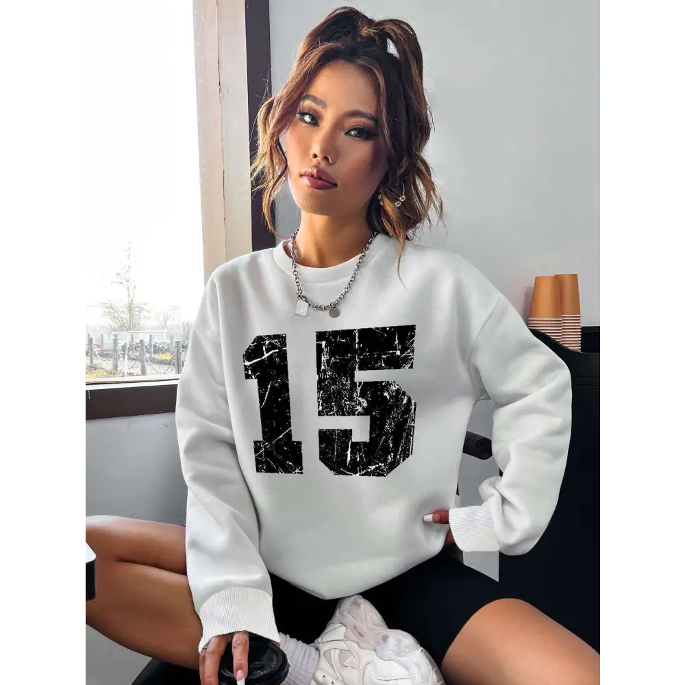 White Number 15 Graphic Crew Neck Sweatshirt