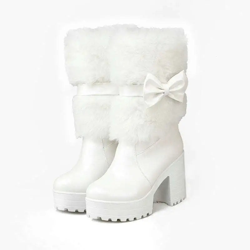 White Platform Sweet Bow Boots with Faux Fur