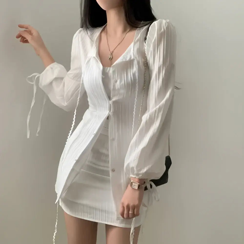 White Ribbed Long Sleeve Shirt Dress with Tie Waist
