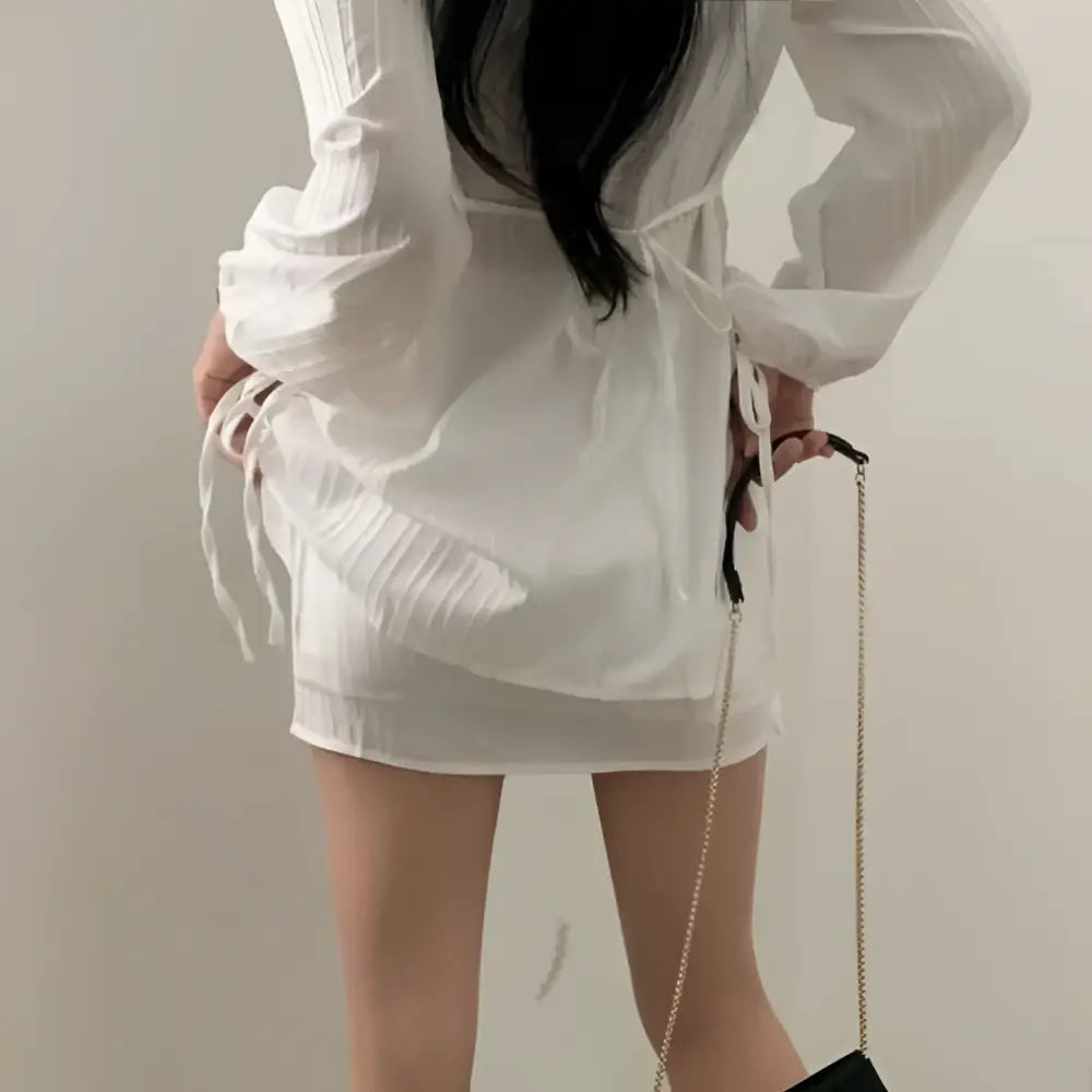 White Ribbed Long Sleeve Shirt Dress with Tie Waist