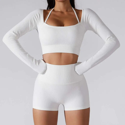 White Ribbed Long Sleeve Yoga Set with Chest Pad Slim Fit