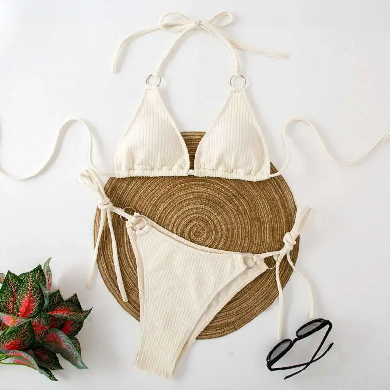 White Ribbed Sexy Bikini Set with Gold Ring Accents