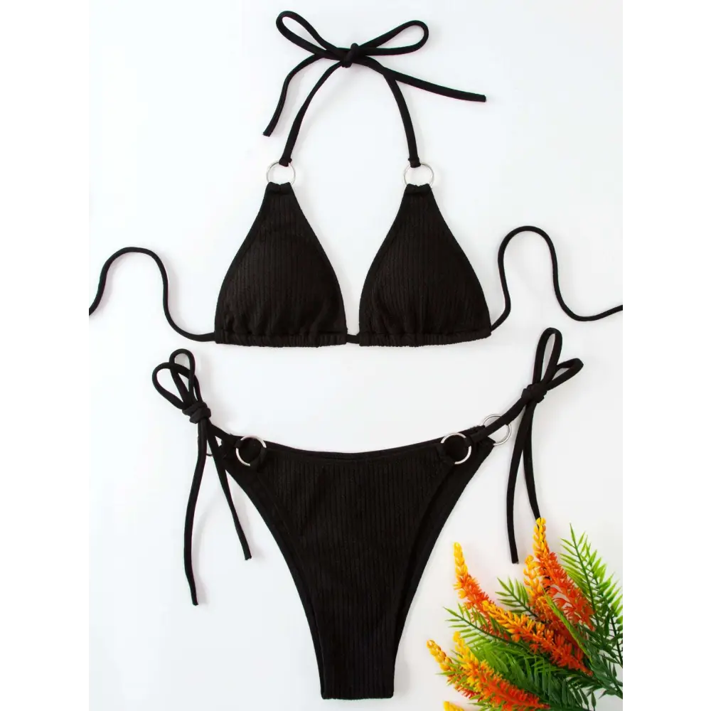 White Ribbed Sexy Bikini Set with Gold Ring Accents