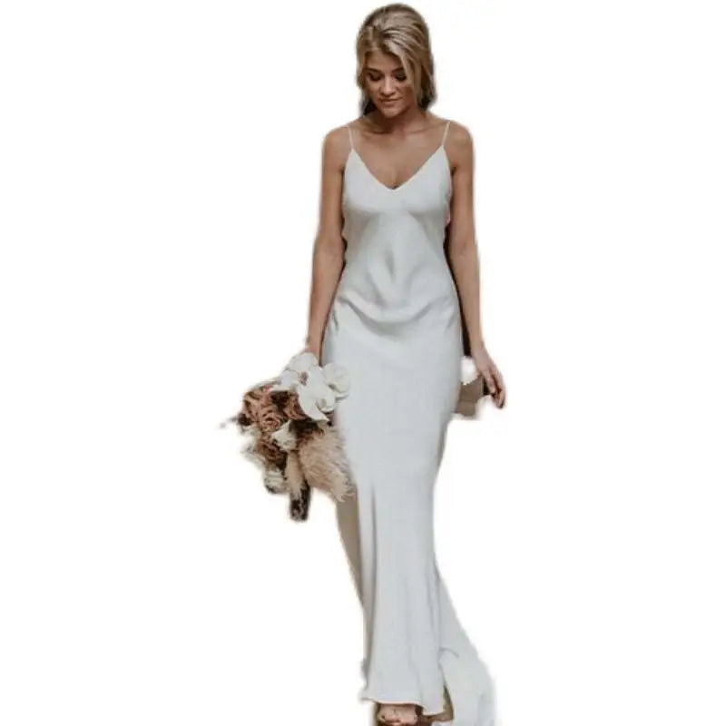 White Satin Evening Gown with Train Brigade Shot