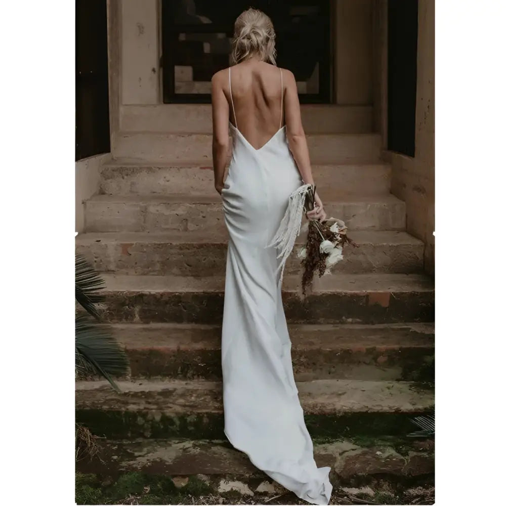 White Satin Evening Gown with Train Brigade Shot