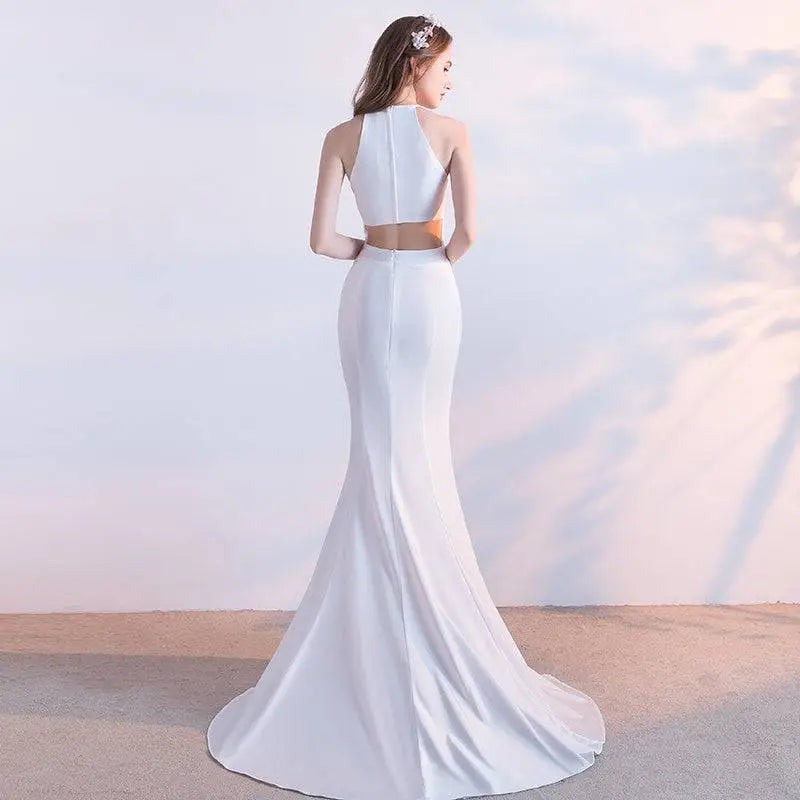 White Satin Halter Neck Evening Dress