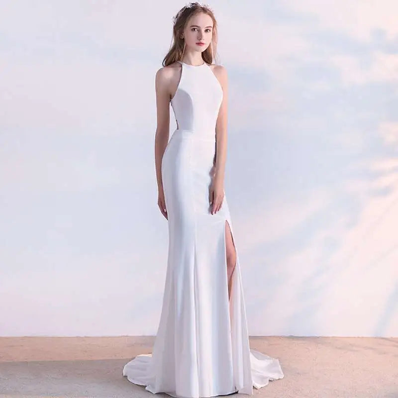 White Satin Halter Neck Evening Dress