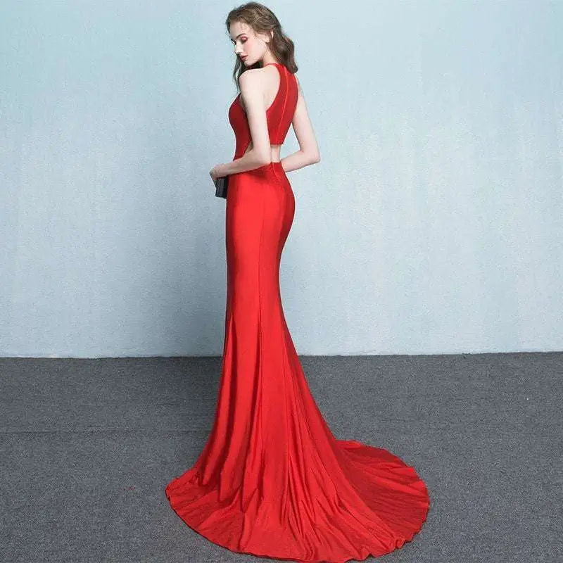 White Satin Halter Neck Evening Dress