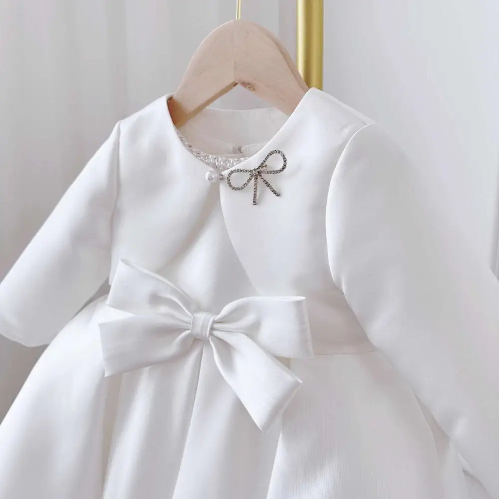 White Satin Long Sleeve Baby Dress White Classic Style