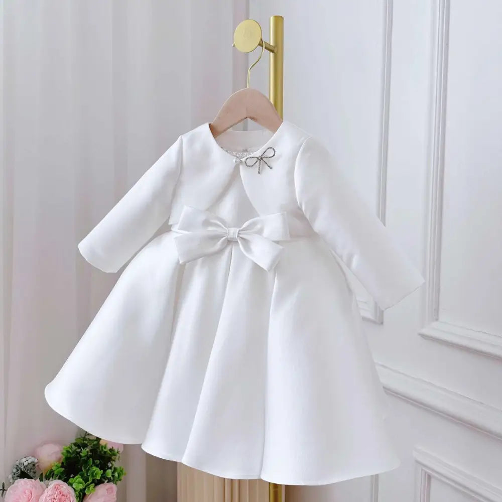 White Satin Long Sleeve Baby Dress White Classic Style