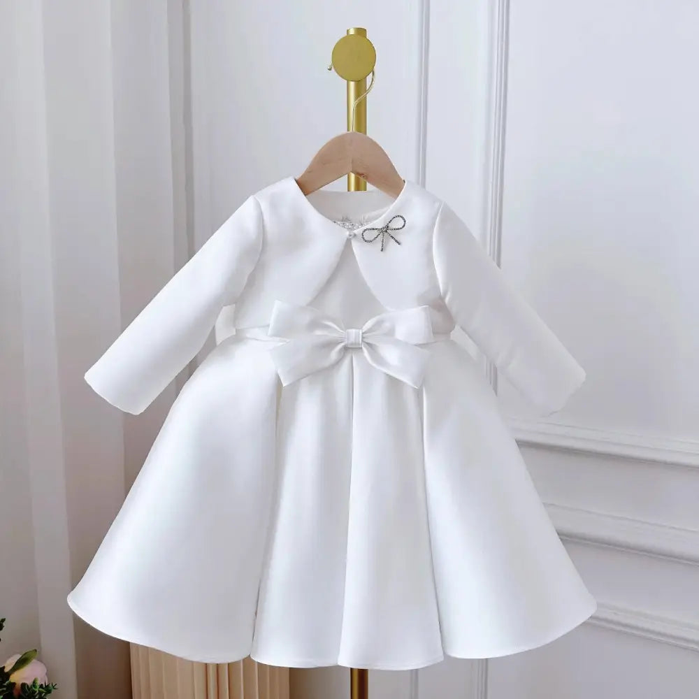 White Satin Long Sleeve Baby Dress White Classic Style