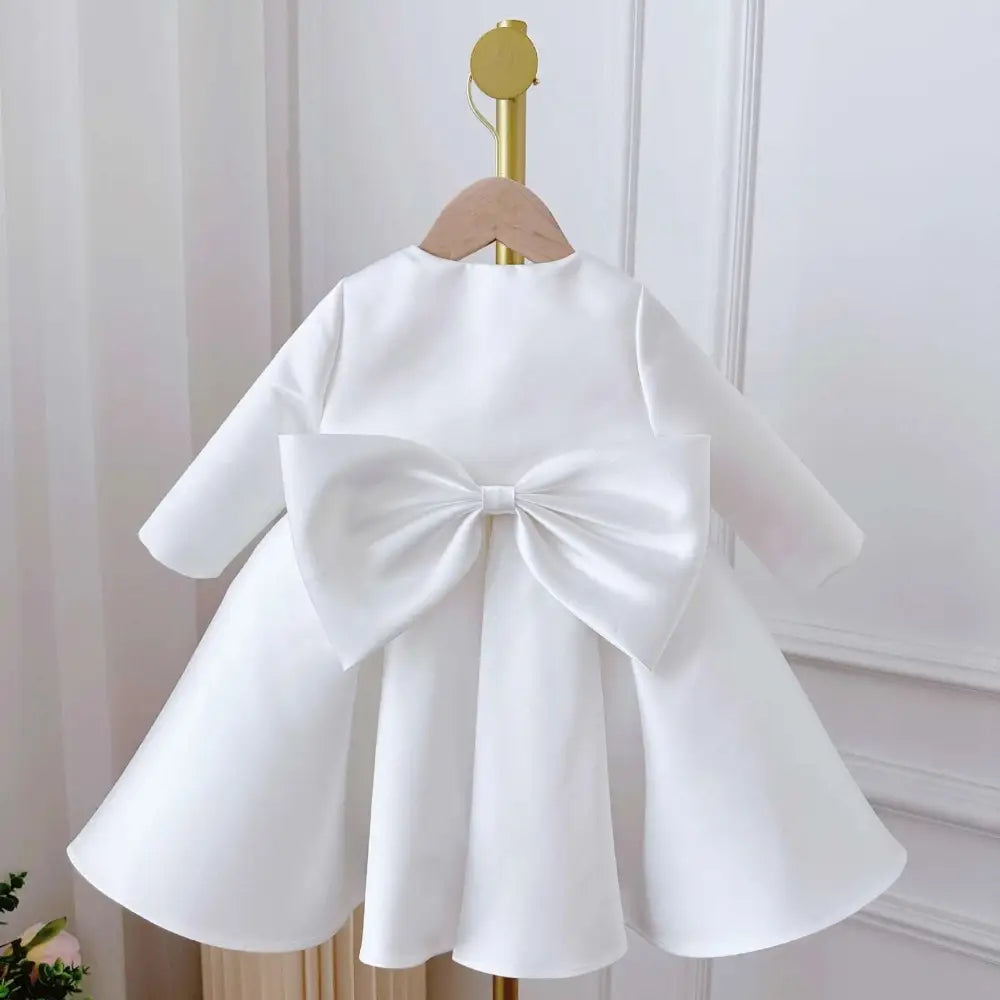 White Satin Long Sleeve Baby Dress White Classic Style