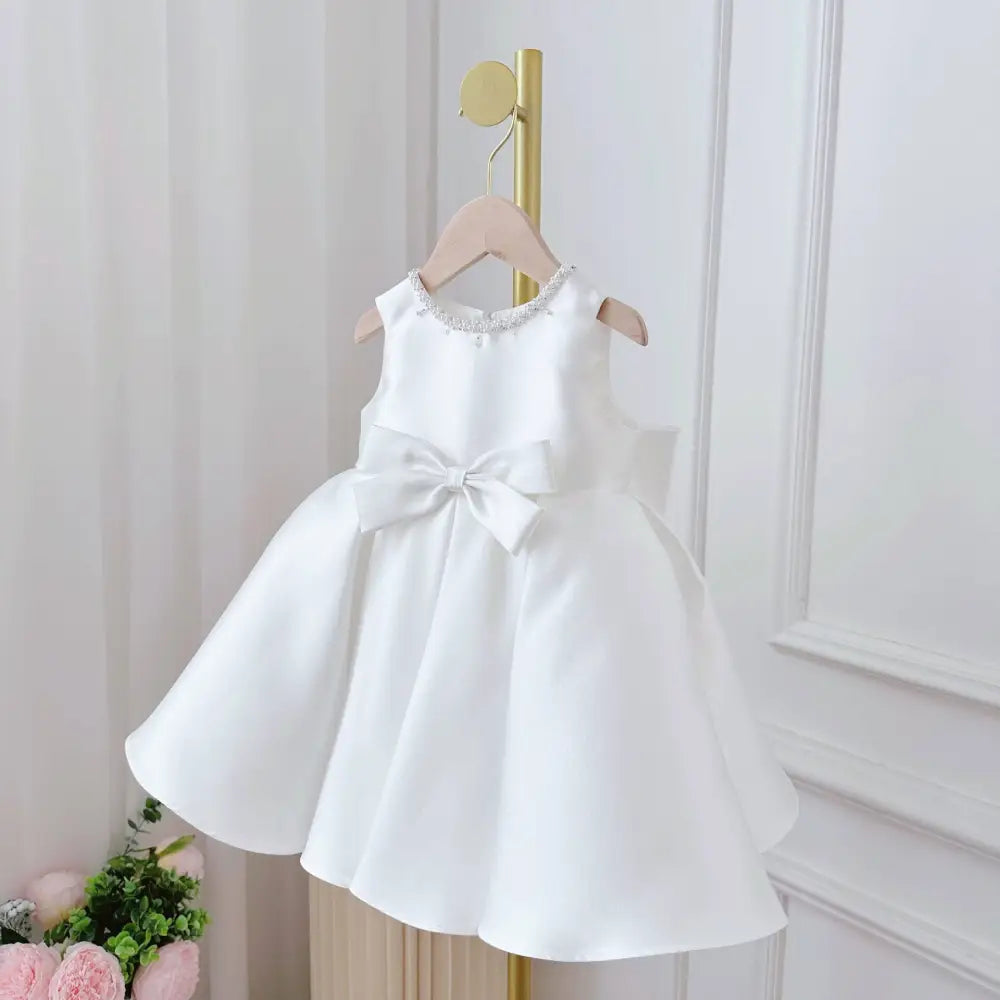 White Satin Long Sleeve Baby Dress White Classic Style