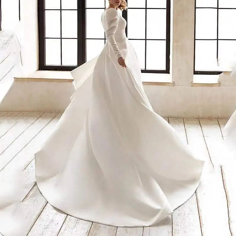 White Satin V Neck Wedding Dress Long Skirt