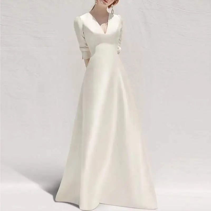 White Satin V Neck Wedding Dress Long Skirt