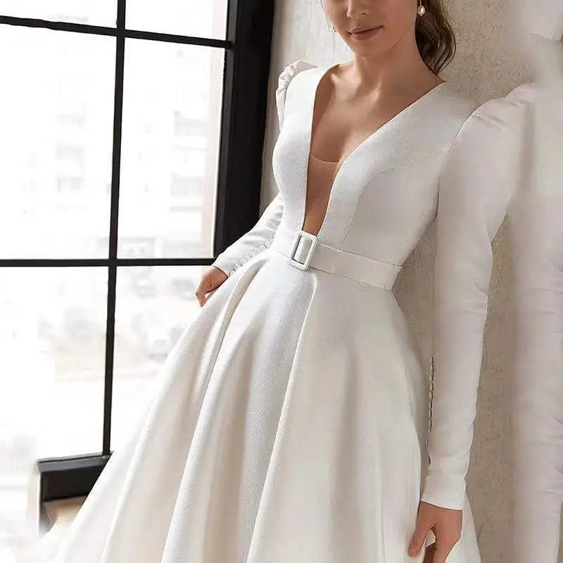 White Satin V Neck Wedding Dress Long Skirt