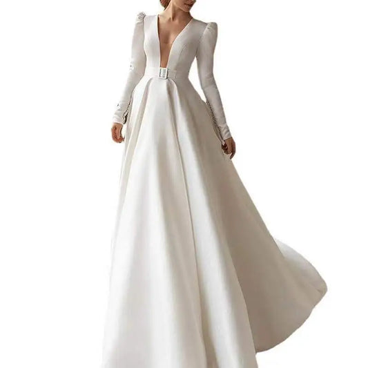 White Satin V Neck Wedding Dress Long Skirt