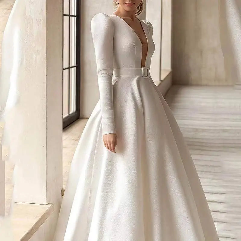 White Satin V Neck Wedding Dress Long Skirt