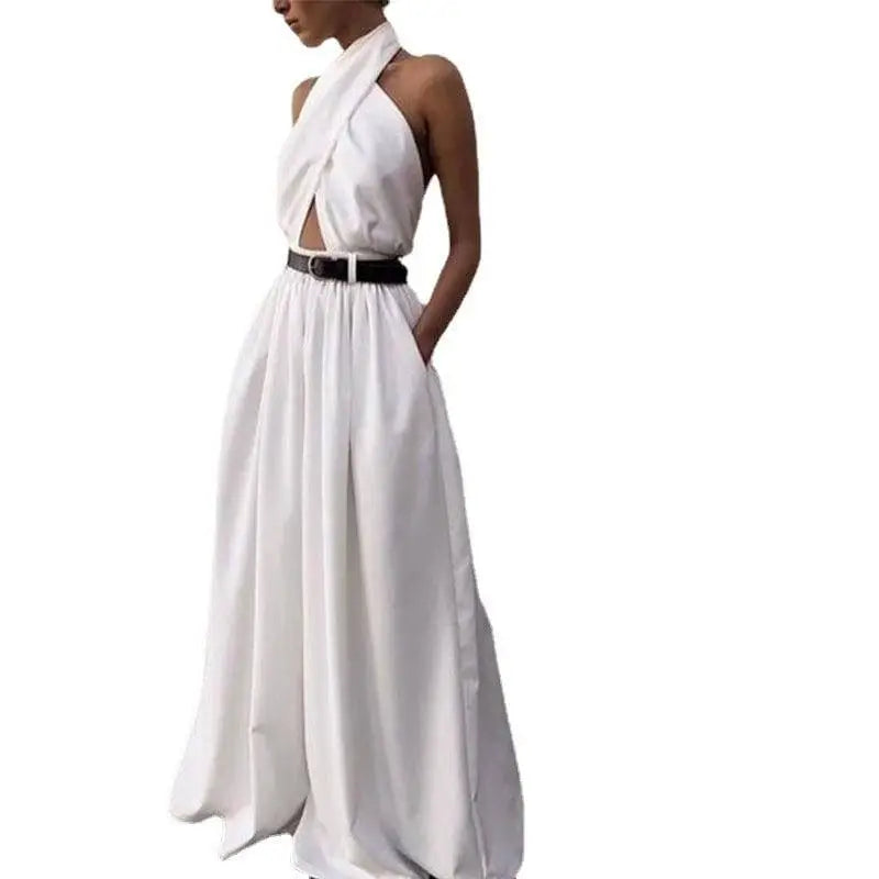 White Sexy Sleeveless Halter Backless Jumpsuit