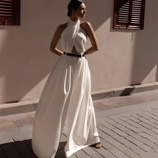 White Sexy Sleeveless Halter Backless Jumpsuit