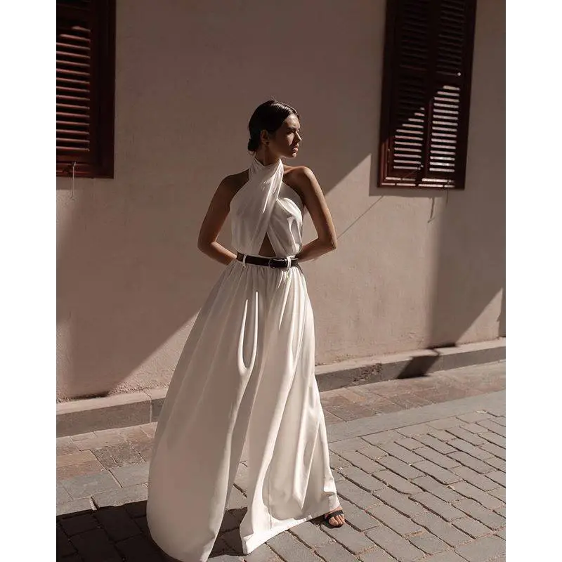 White Sexy Sleeveless Halter Backless Jumpsuit
