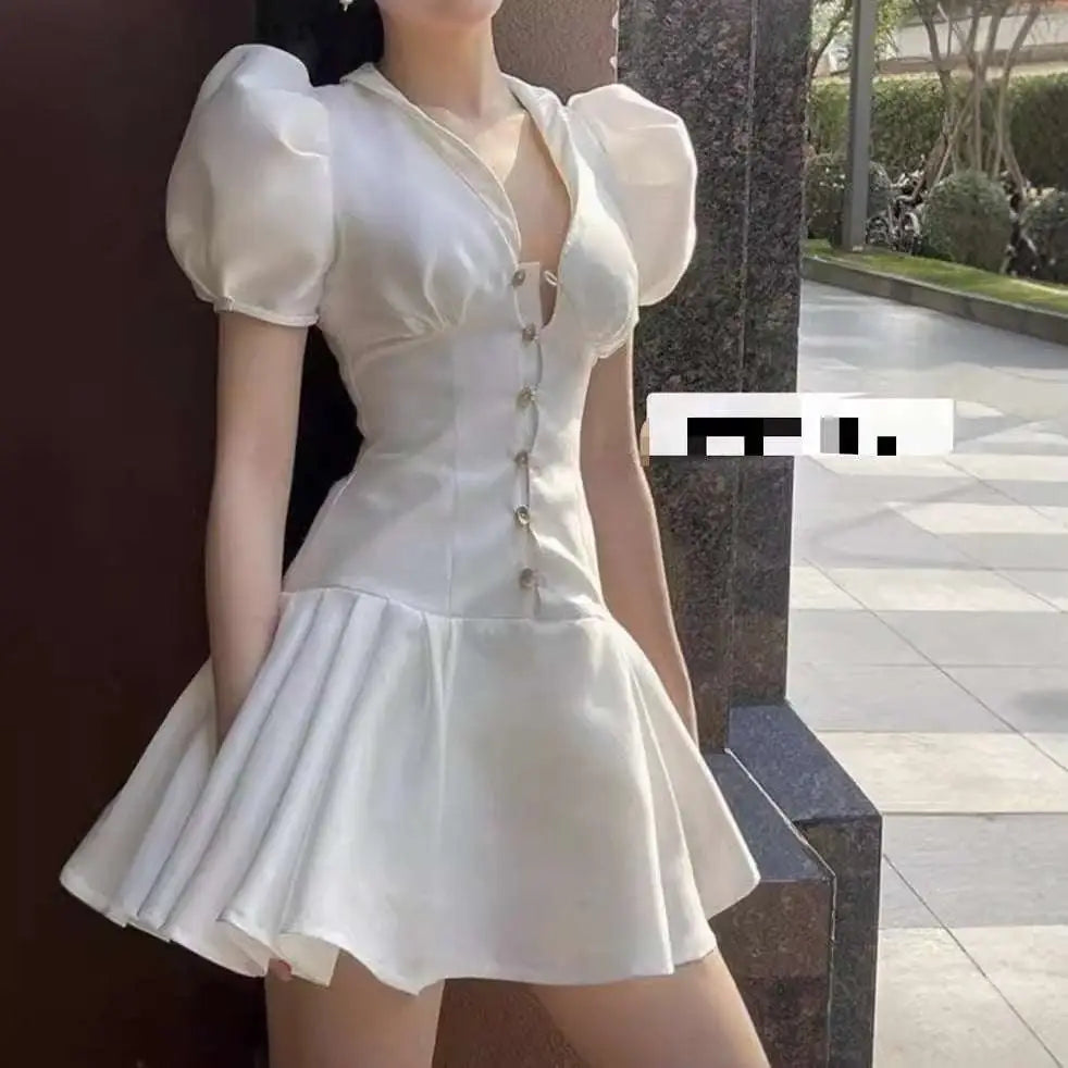 White Sweet Satin Dress with Fitted Waist Pleated Skirt
