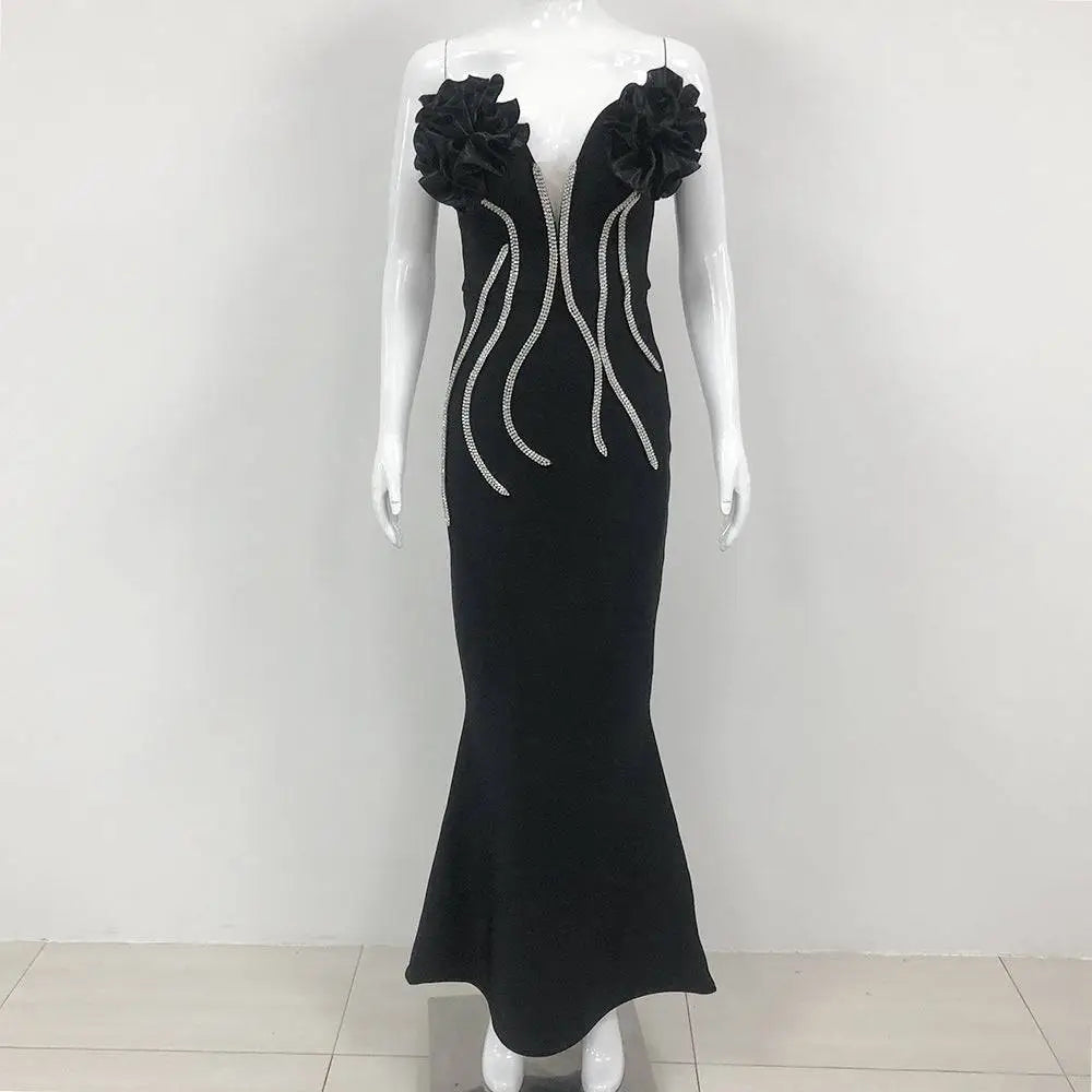 White Temperament Socialite Flower Chain Evening Dress