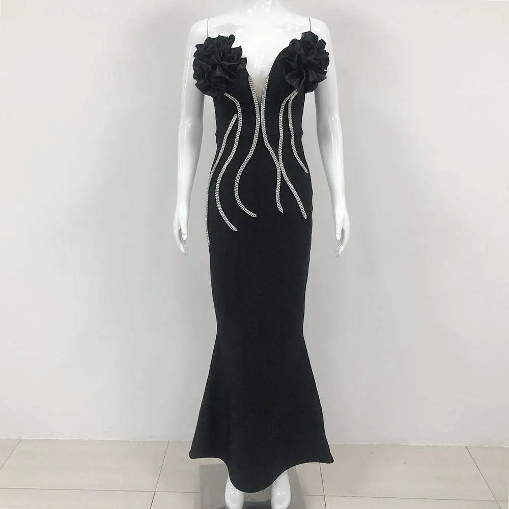 White Temperament Socialite Flower Chain Evening Dress