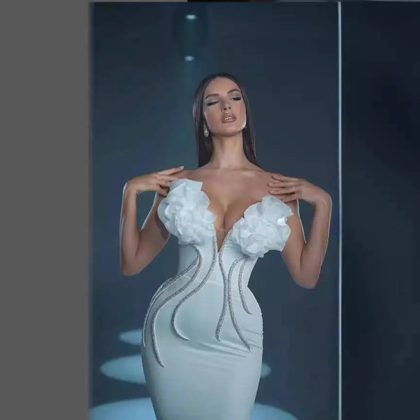 White Temperament Socialite Flower Chain Evening Dress