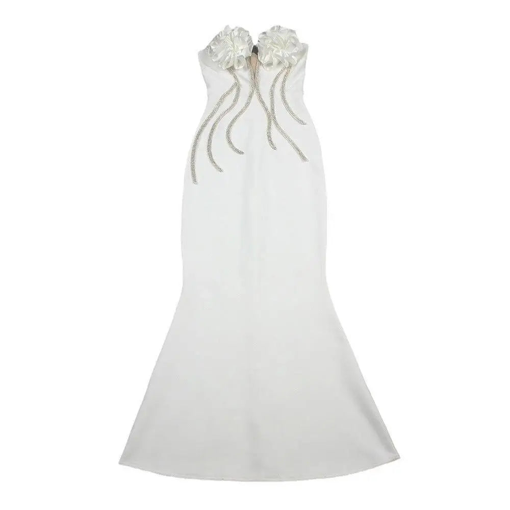 White Temperament Socialite Flower Chain Evening Dress