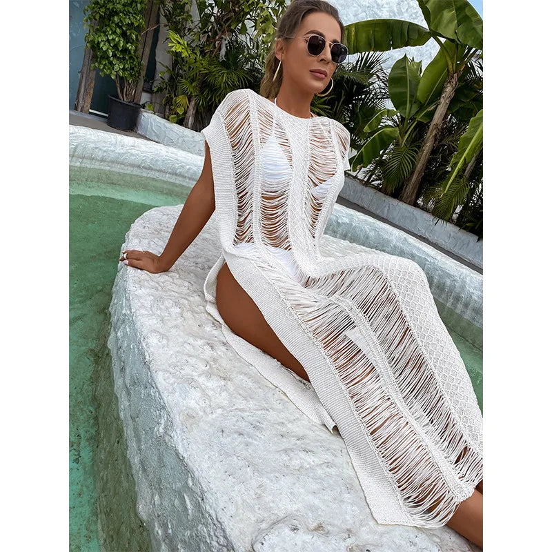 white Solid Color Cover Ups Luxury Beach & Poolside Mesh Cover-Up Dress in white