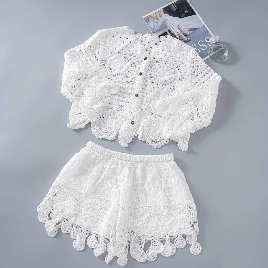 Summer New Fashion French Style Knitted Hollow Out Sleeveless Wide Leg Pants Two Piece Set Women Casual Retro Style Hooked Flower Summer New Fashion French Style Knitted Hollow Out Sleeveless Wide Leg Pants Two Piece Set Women Casual Retro Style Hooked Flower