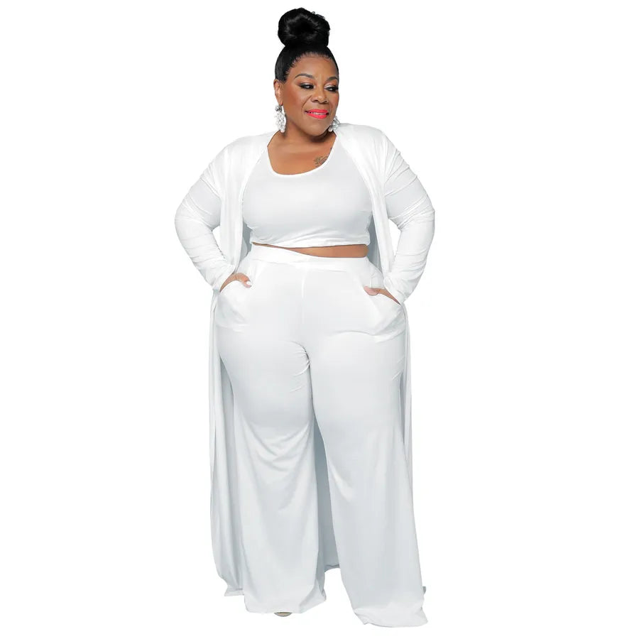 white plus size 3 piece out fit sets with Longline open-front cardigan