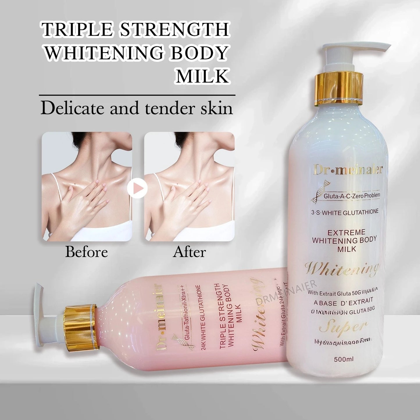 Dr. Morepen Extreme Whitening Body Milk with 'Before' and 'After' skin comparison on a light gray background. 24K Gold Glutathione Whitening Body Lotion Moisturizing Brightening and Firming Body Cream