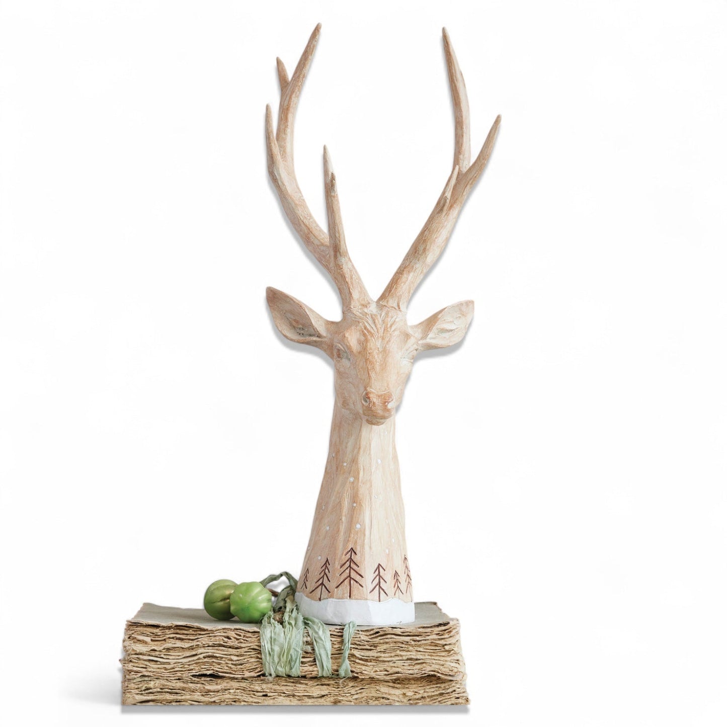 Whitewashed Resin Deer Head with Etched Tree Design