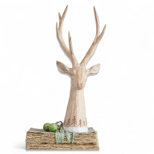 Whitewashed Resin Deer Head with Etched Tree Design