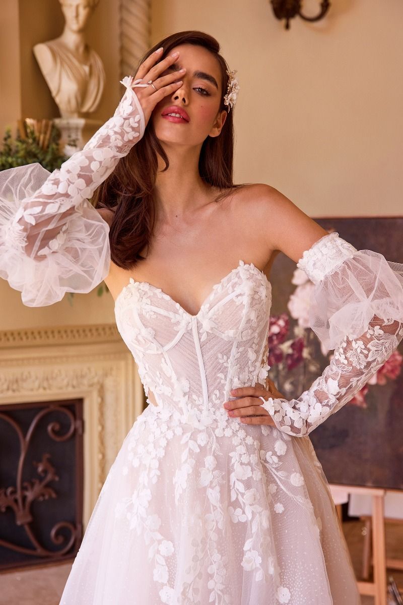 Whimsical Off-Shoulder Long Sleeve Lace Wedding Dress with 3D Floral Appliqués