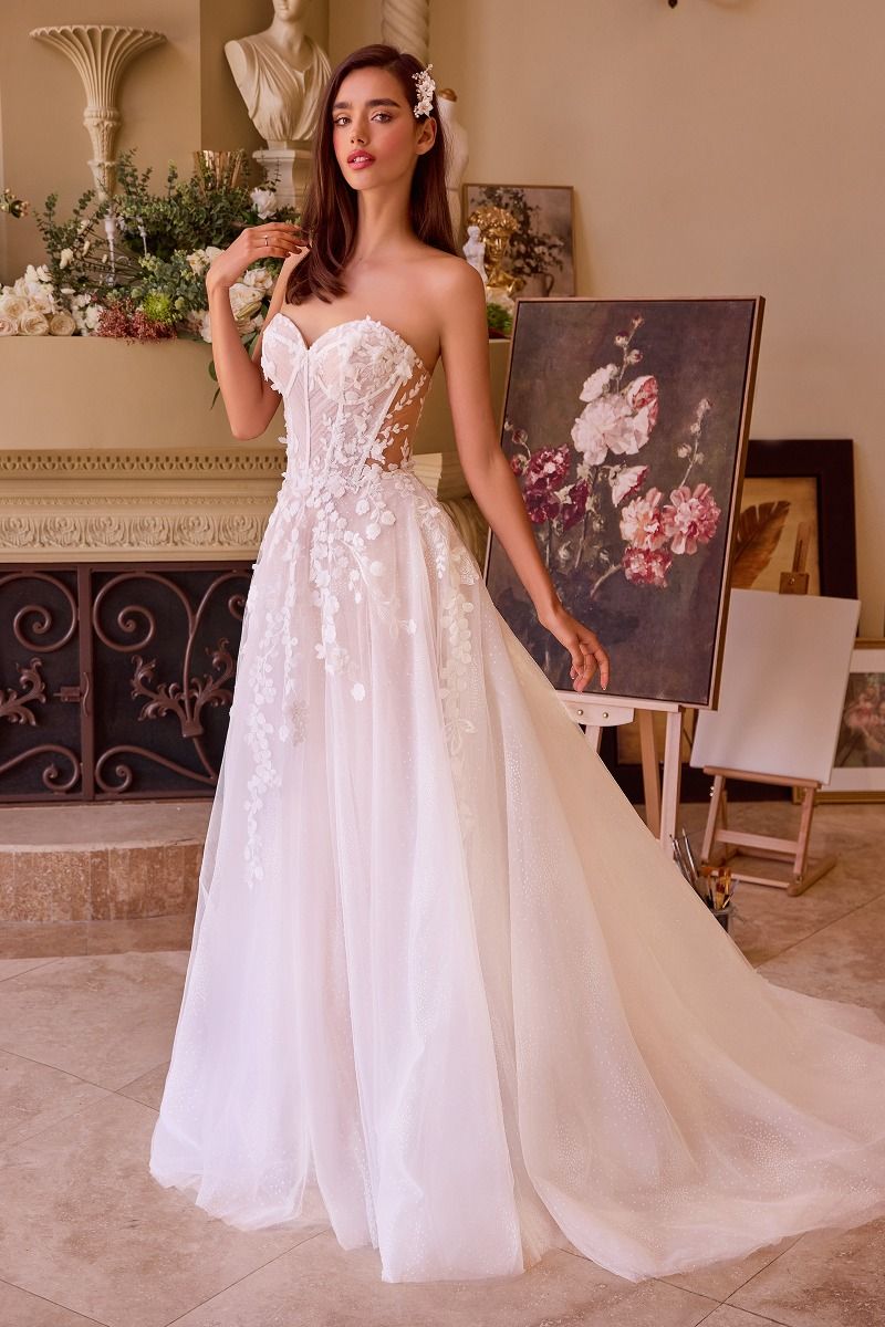 Whimsical Off-Shoulder Long Sleeve Lace Wedding Dress with 3D Floral Appliqués