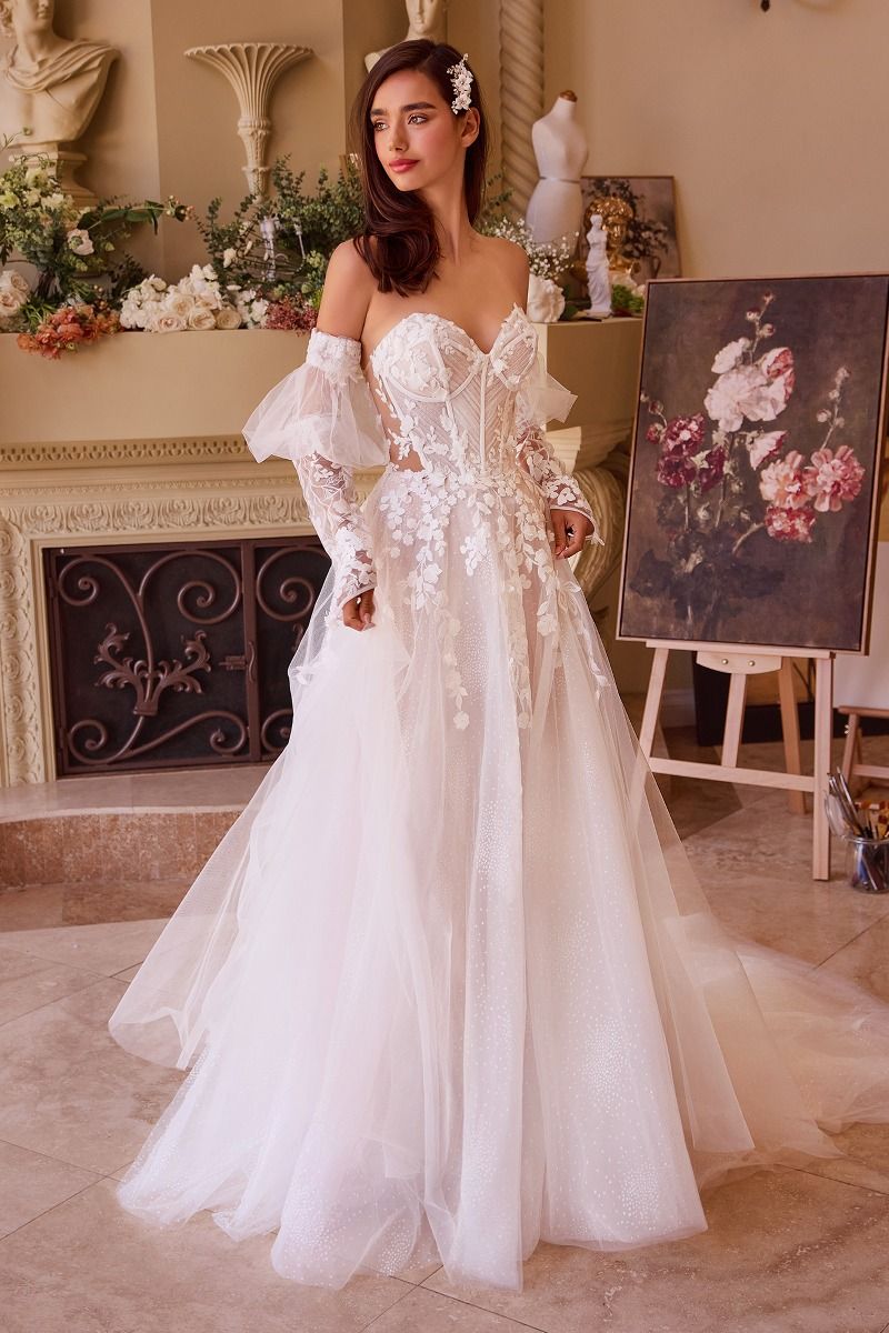 Whimsical Off-Shoulder Long Sleeve Lace Wedding Dress with 3D Floral Appliqués