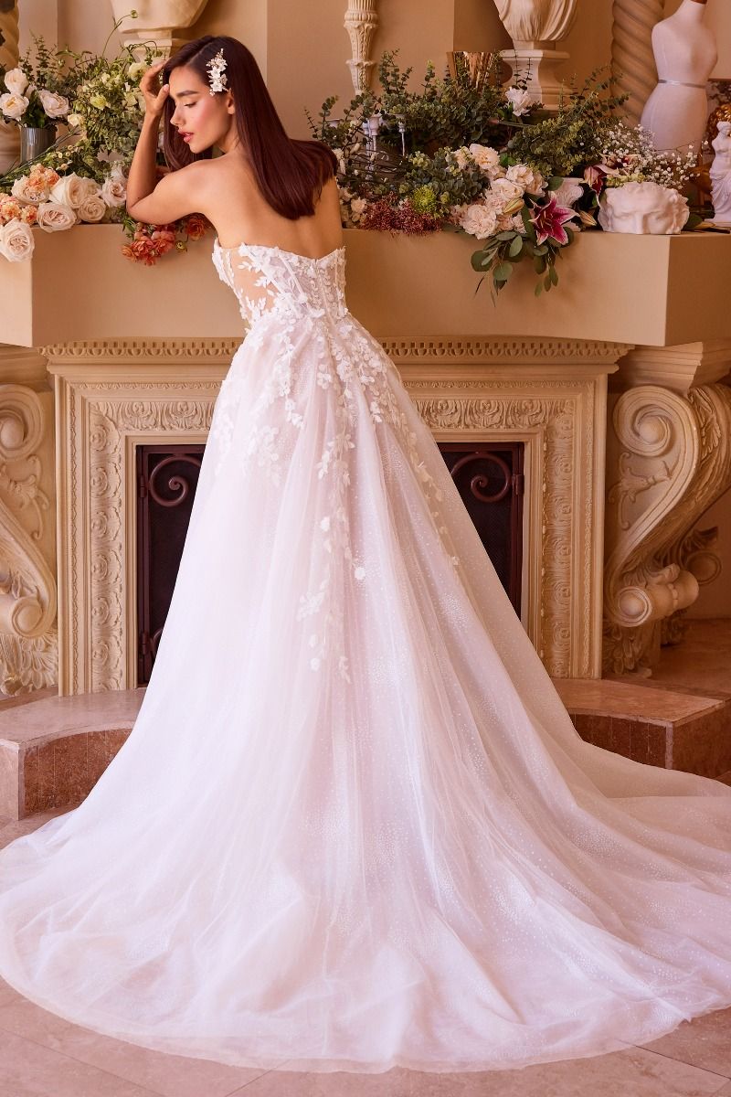 Whimsical Off-Shoulder Long Sleeve Lace Wedding Dress with 3D Floral Appliqués