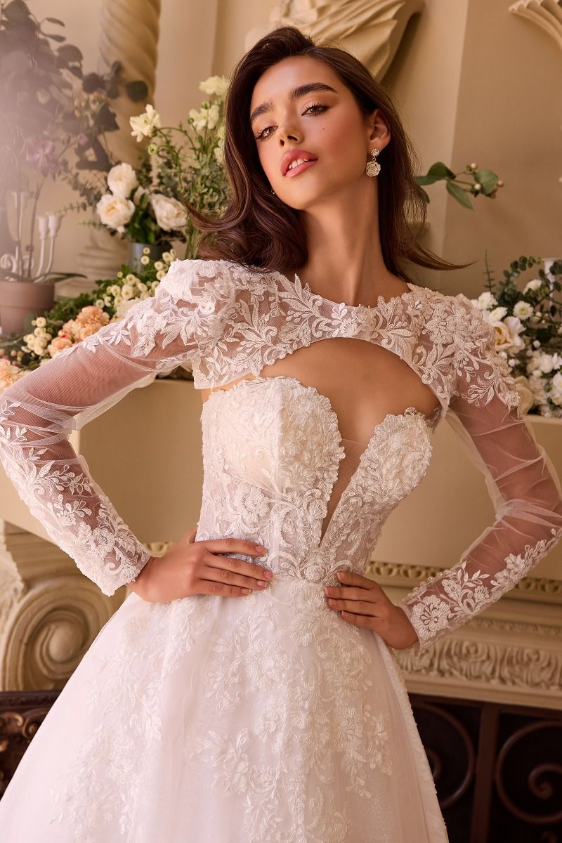 Elegant Strapless Lace Corset A-Line Wedding Dress with Cathedral Train CDWL037