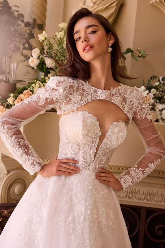 Elegant Strapless Lace Corset A-Line Wedding Dress with Cathedral Train CDWL037