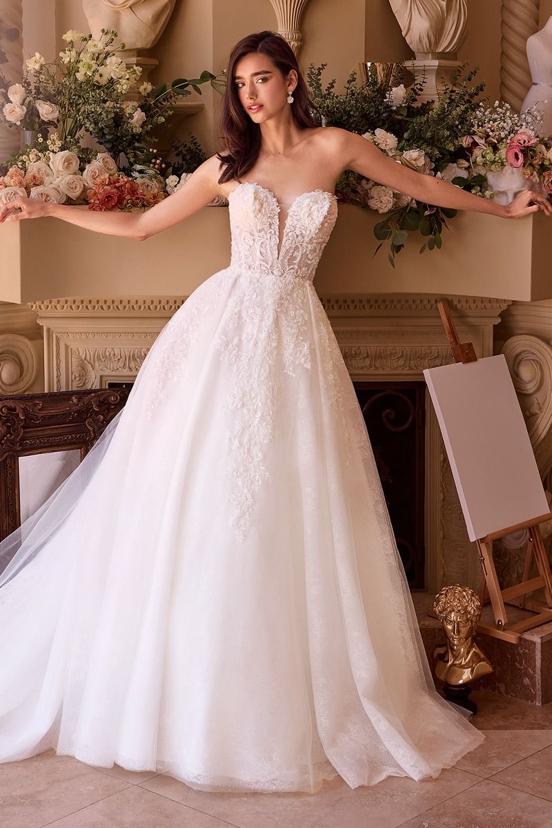 Elegant Strapless Lace Corset A-Line Wedding Dress with Cathedral Train CDWL037