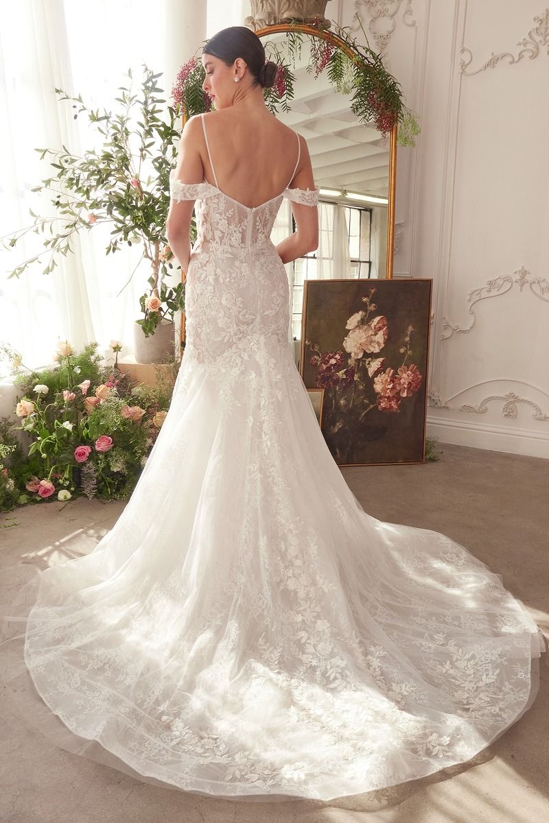 Romantic Off-Shoulder Lace Mermaid Wedding Gown with Tulle Train