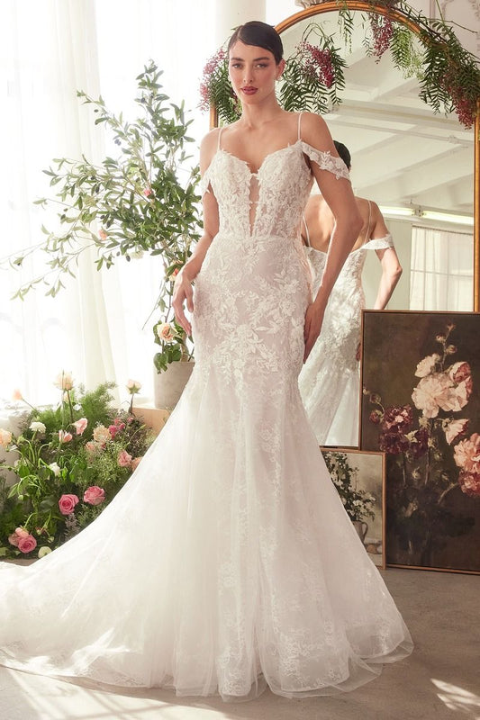 Romantic Off-Shoulder Lace Mermaid Wedding Gown with Tulle Train