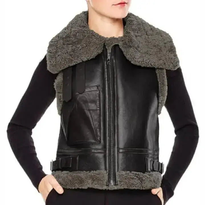 Women’s Black Leather B3 Aviator Sheepskin Shearling Vest-0