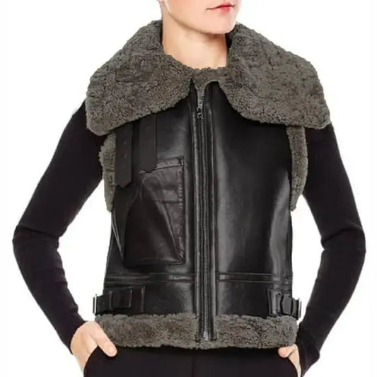 Women’s Black Leather B3 Aviator Sheepskin Shearling Vest-0