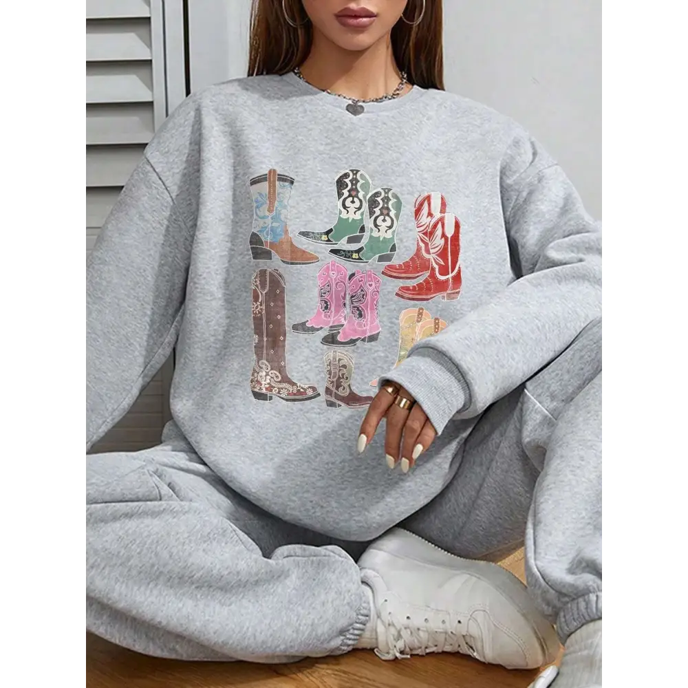 Women Cowboy Boots Print Round Neck Pullover