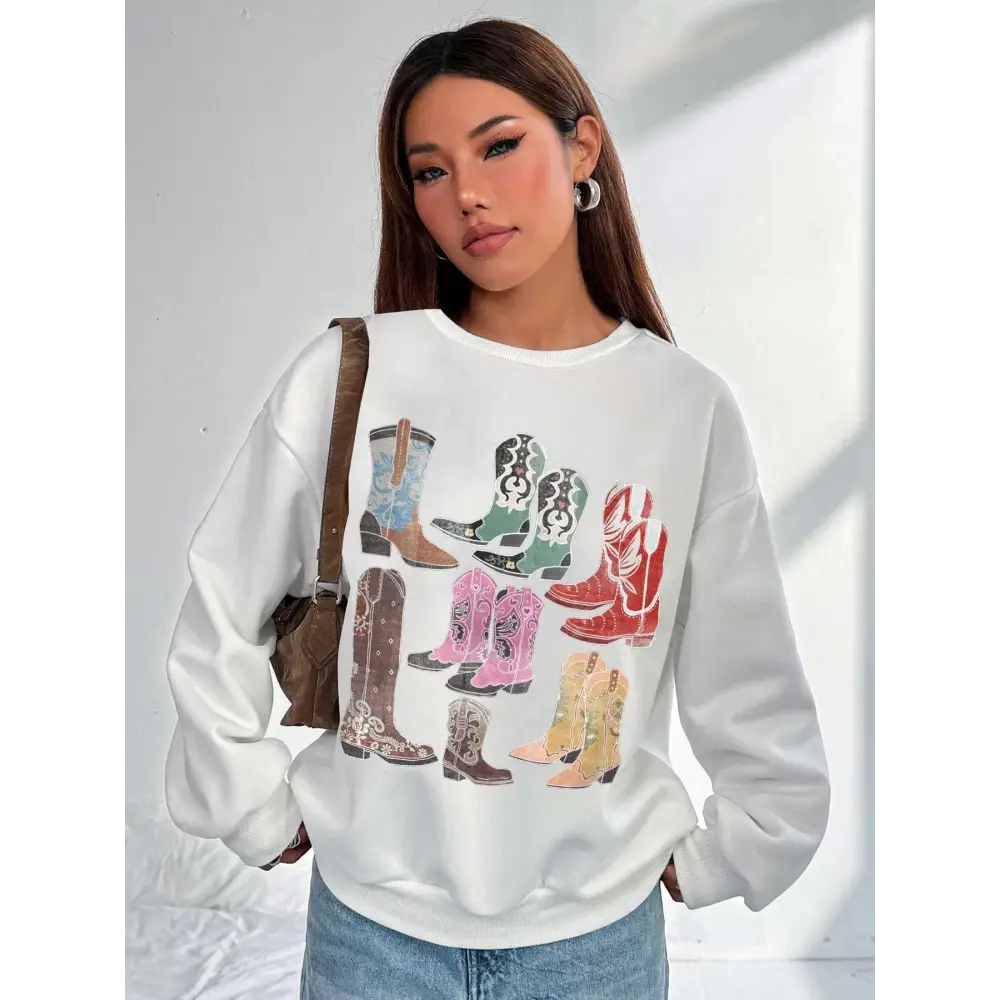 Women Cowboy Boots Print Round Neck Pullover