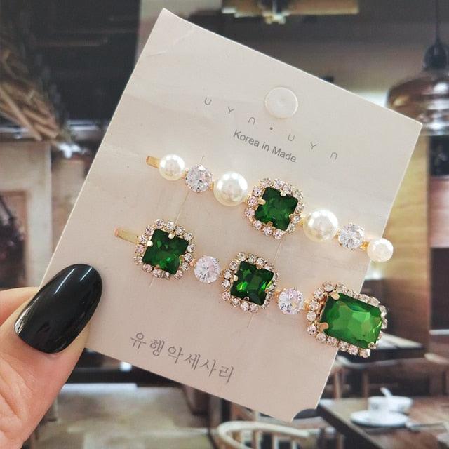 Women Hair Clips Set Jewelry Fashion Green Crystal Hair Accessories Luxury Simulation Pearl Barrette Pin For Girl Gift Ornaments Fashion Hairgrips Accessories For Party